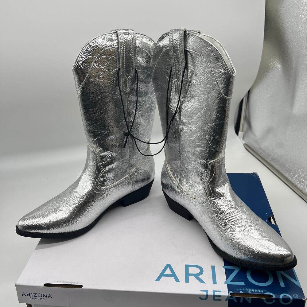 Arizona Jean Co Womens Western Heel Booties Maybrook Silver Boots Size 6.5M